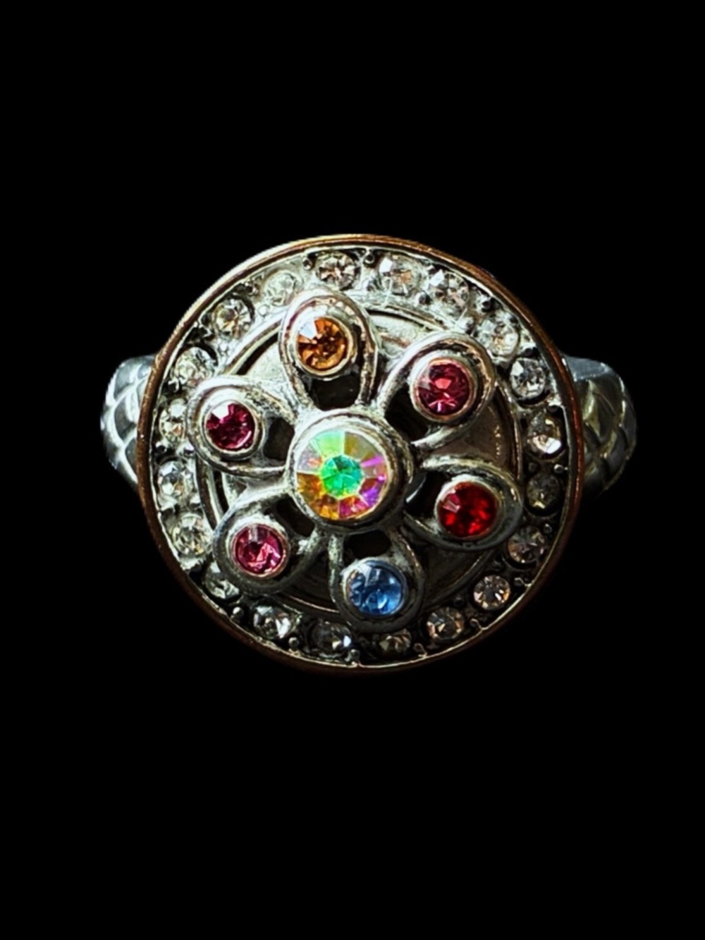 Silver-Tone Cocktail Statement Ring Flower Cluster Multicolor Crystal Adjustable